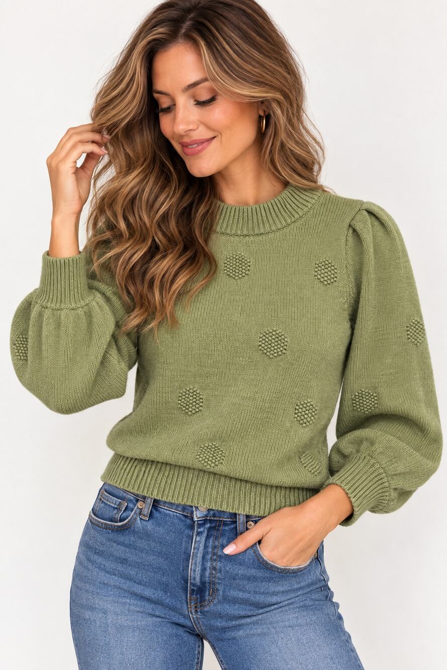 Madewell Dotted Eaton Puff-Sleeve Sweater Olive Green Small